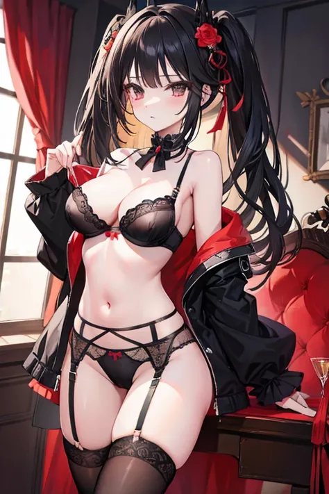 hair ornament, thighhighs, bow, navel, cleavage, underwear, panties, black thighhighs, bra, black panties, underwear only, lingerie, black bra, garter belt,