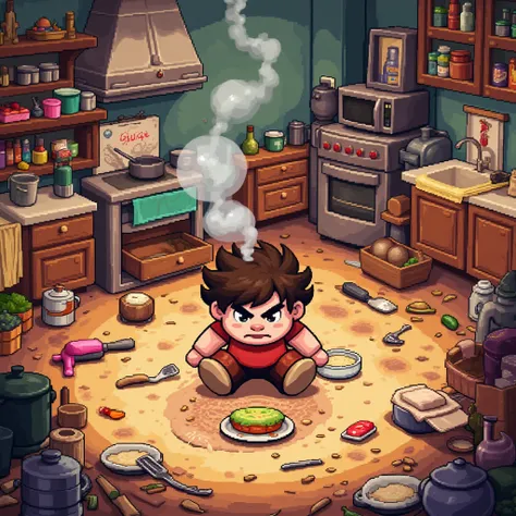  A pixelated character trying to prepare a dish in the kitchen, with utensils everywhere .