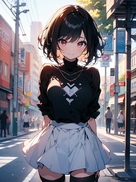 masterpiece, highest quality, highest quality, (no text), Beautiful and aesthetic:1.2),no text,anime、break,anime、break、 one girl、 Dark Haired Girl Short Hair 　 Slit Eyes Boyish 　adult　 beautiful eyes　red eyes, cool smile　 skirt　Full Body Outdoors