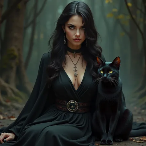 A powerful brunette woman with a black cat as her best friend 