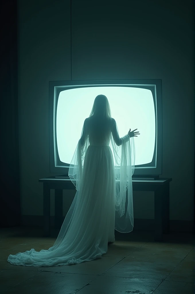 A Jaw-haired ghost in a white dress is climbing out of the TV