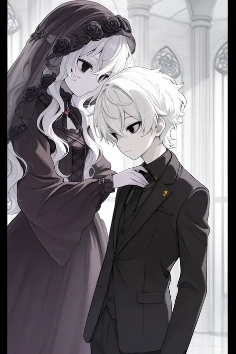 male, gloomy, veil, youth,  black eyes , White hair, Short cut,  wavy hair ,  pale skin .  character,  Japanese Anime , Gothic, beautiful,  suit