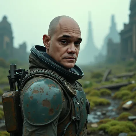 cinematic close up photography of bald man, dark eyes, wearing astronaut suit, standing on a plain with a giant futuristic city in the background in ruins, lots of moss, debris and trees