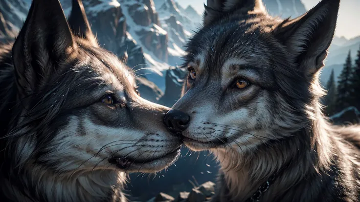 a highly detailed and realistic wolf face closeup, ultra-detailed, 8k resolution, hyper-realistic, photorealistic, sharp focus, ultra-fine details, studio lighting, beautiful detailed eyes, beautiful detailed nose, beautiful detailed mouth, extremely high ...