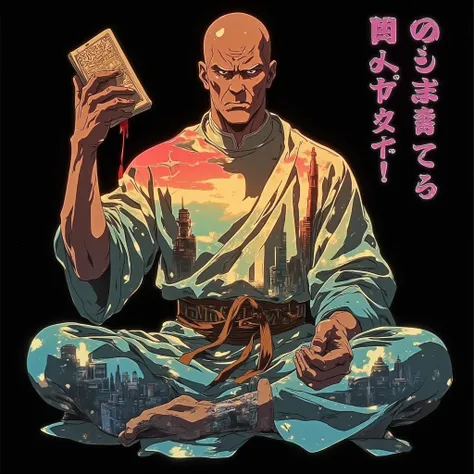 cyberpunk, monk, chillin in the city
 god eye, antagonist , daoists  , double_exposure vibrant colorful heavens paradise onto the shape of a male priest praying with one hand with book touching the sky with a black backdrop"canvas_in_shape | black plain ba...