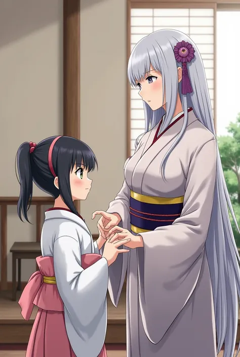 Beautiful woman in return in Japanese clothes 。
 1 is a petite dark-haired twin-tailed girl 、 and the other is a woman with long, gentle gray hair。