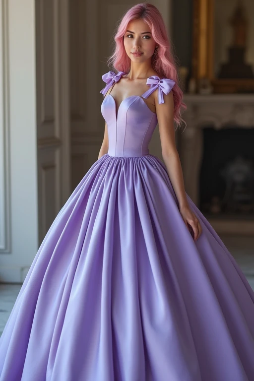 A beautiful european woman is wearing a ball gown,  I want a dress with this characteristics:
Periwinkle color
Evening length 
Made out of satin
With two bows on the shoulders, one bow on each one
Tight on the top and loose from the waist down, super long ...