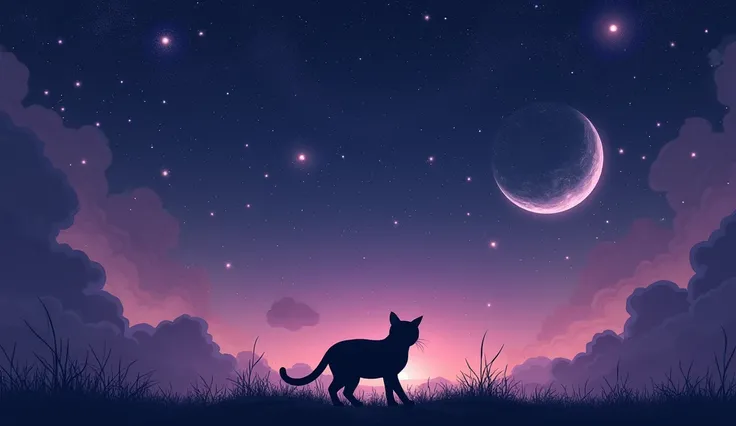 An astrology wallpaper,sky,etoile dans les tons violet avec un petit chat noir 