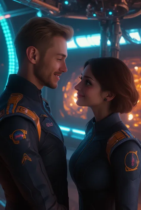 a tall man, starship captain, 195 cm tall, 37 years old, blond hair, blue eyes, classic haircut, beautiful detailed eyes, beautiful detailed lips, extremely detailed eyes and face, longeyelashes,a woman, starship officer, 157 cm tall, dark brown hair, bob,...