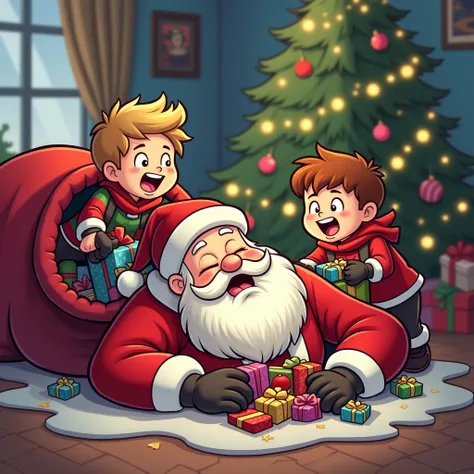 A humorous cartoon scene where Santa Claus is lying unconscious on the floor in a cozy living room after being overwhelmed. His large bag of colorful gifts is open, and two mischievous boys, wearing playful winter outfits, are looting the gifts from the ba...