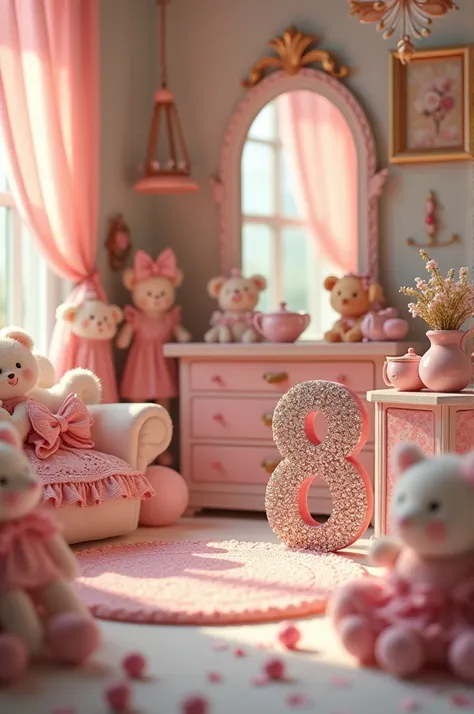 A room full of girls toys with a number 8 placed in front made of jewels, all in very beautiful pastel tones. 