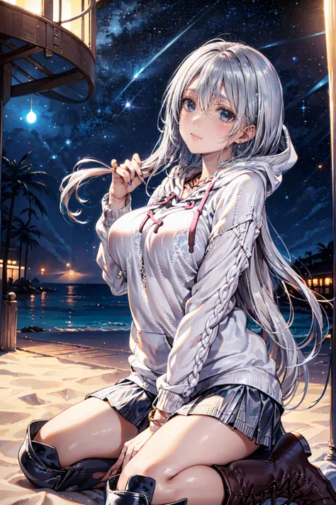 ((beach at night with beautiful stars:1.3)), ((Wariza on the beach:1.3)), ((looking away, look up at the starry sky:1.5)), BREAK, ((18-years old)), (silver long hair:1.5), reflective hair, ((focus face)), (natural skin:1.3), (natural looking makeup:1.5), (...