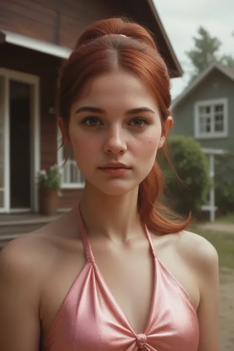 Hyper-realistic. Distant shot. Mid 20S female with auburn hair in a ponytail wearing a short pink satin halter-dress with black trim, stands in a casual pose at a house party, talking to party goers. Detailed freckled face. Best quality. 8k resolution. Pho...