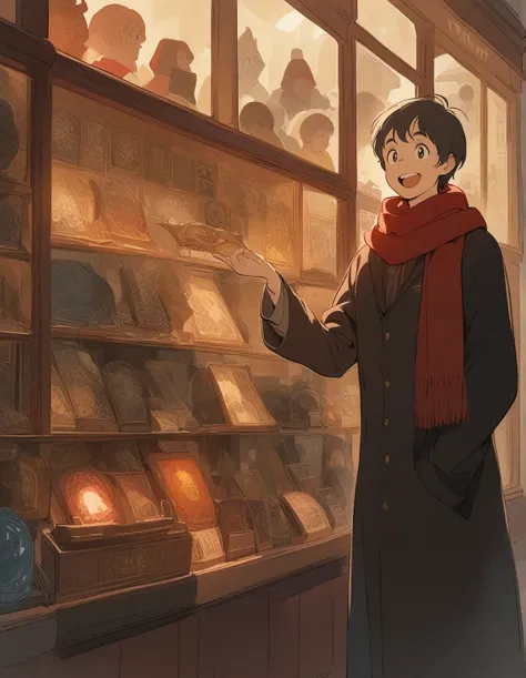 In the style of Hayao Miyazaki, an illustration in warm colors depicts an  Harry Potter wearing a red scarf and a black long coat, looking through the window display of a shop that has a sign reading "Terners Emporium of Mythical Items." Inside the shop, a...