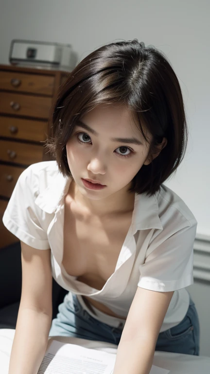  1 Japanese woman , 20 years old,  high res,  Shorthair, Brown Hair,  anatomically correct , Soft light, reality,  super detailed , 
 white silk shirt with a large collar, The collarbone and chest are visible, Looking at documents, lean forward, Im facing ...