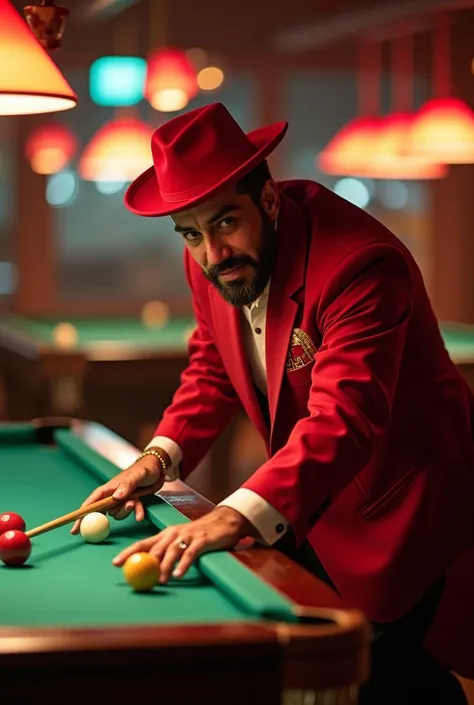 The image would depict Khedive Ismail Pasha, with his Egyptian features, dressed in formal red Egyptian pasha attire and a matching red hat, playing pool. He stands at the pool table with a focused yet joyful expression, carefully lining up his shot. The e...