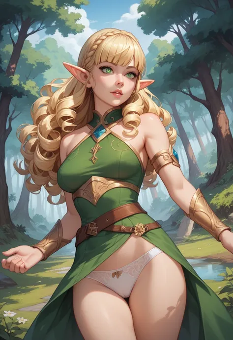 8k, best quality, masterpiece, highly detailed, semi realistic, a elfess, 20 years old, looking at hands, long blonde hair with bangs, curly hair, green eyes, elf style cut clothes, white panties, bare shoulders, golden details, thin figure, cold expressio...