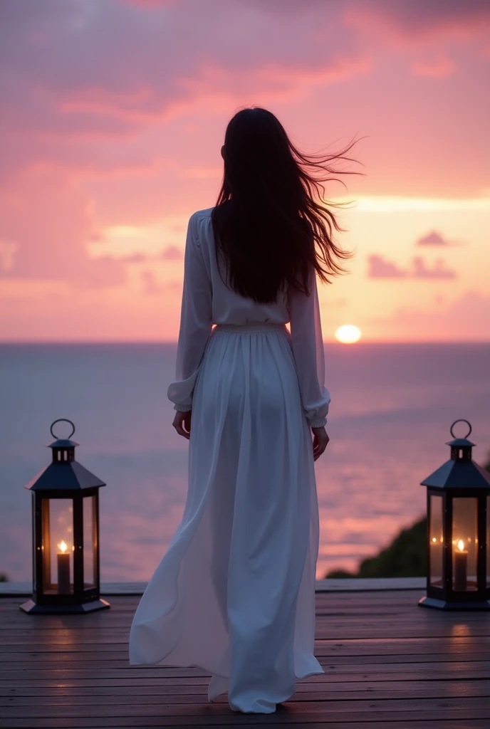 An American women age upto 40, standing on a wooden deck overlooking the ocean at sunset. She is wearing a long white dress with long sleeves and a flowy skirt. Her long dark hair is flowing in the wind and she is looking out towards the horizon. The sky i...