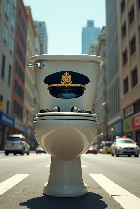 A toilet in the middle of the street with a polic hat and legs