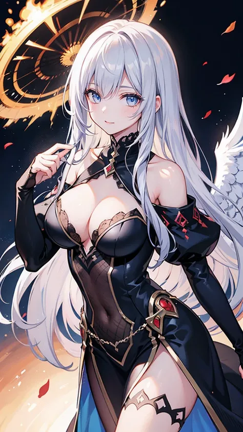  silver hair long hair, red off-shoulder , turn around,Moonlit Night
BREAK Precise and beautiful face, Looking down at the viewer , clear and innocent blue eyes, 
BREAK Transparent body,  Entity Transparency , 
BREAK Detailed and fine feathers,Eight wings,...