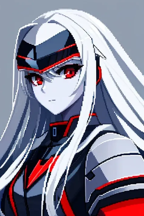 no background、woman、solo、portrait、silver straight long hair、red eyes、robot、black suit、black visor、Mechanical wings、white skin、