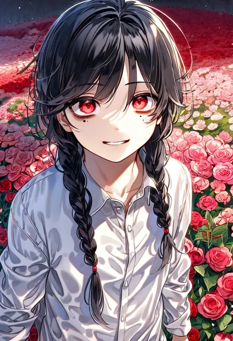   Detailed description , HDR,  best quality,  very detailed ,  out of ,  black hair, Long Braid , Black bags under the eyes , Red eyes expressive,   alone, Sexy man, smile,  white shirt with long sleeves ,Long Braid  ,Flower field