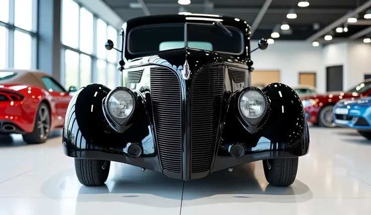 straight front view view of painted full Black with shiny clour 1938 Ford COE pickup truck sleek in large shape classic in large size with Ford logo on its large detailed grille in shiny white clour with angular sporty design captured from close straight f...