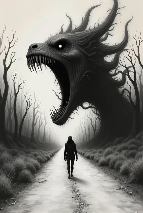  Surrealist drawing of an individual on a road with an entity behind that opens its mouth in a dark style ,a lonely place with many monsters that the individual does not see