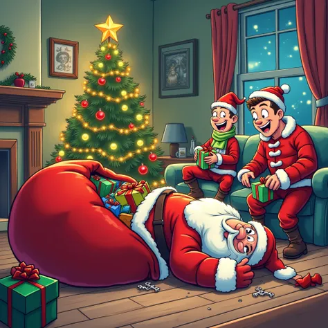 A humorous cartoon scene where Santa Claus is lying unconscious on the floor in a cozy living room after being overwhelmed. His large bag of colorful gifts is open, and two mischievous mans, wearing playful winter outfits, are looting the gifts from the ba...