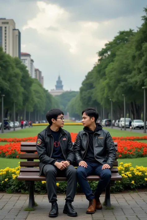  pair of Indonesian lovers , 20 years old,  wearing branded clothes ,  modern and eye-catching ,  sitting on a Bandung city park bench in the afternoon ,  park filled with trees and colorful flowers , in unique design ,  People and vehicles parked in the b...