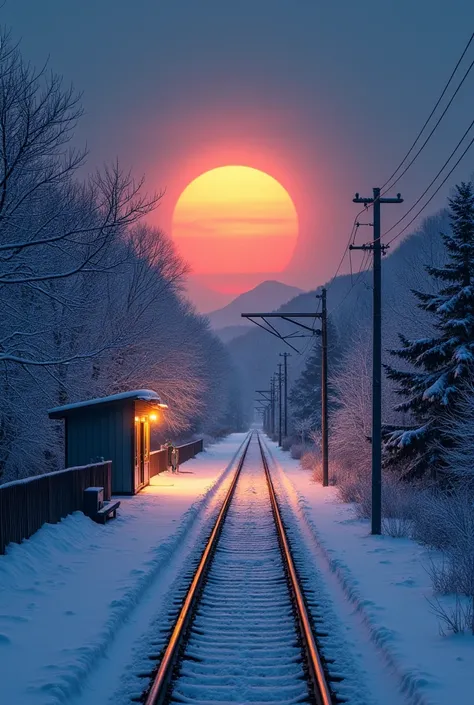 Depicting a train station in rural Japan in winter 。 platform is covered with snow 、 the surroundings are surrounded by snow-covered forests and illuminated by a huge orange sunset。 The station lights are warm and the 、 the dark blue sky has a cold atmosph...