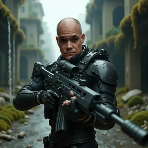 cinematic close up photography of bald man, dark eyes, wearing black exoskeleton, standing holding long futuristic gun with both hands, on street of giant futuristic city destroyed in ruins, lots of moss, debris, trees and water running down from some buil...