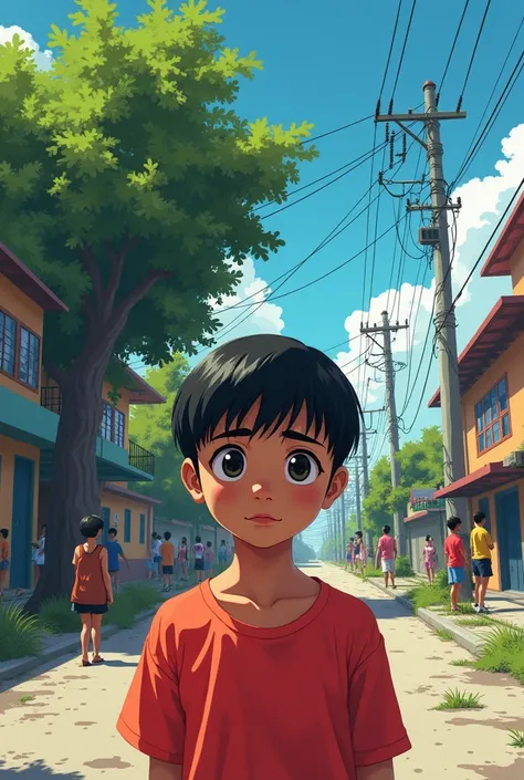 Anime Indian boy with straight black hair with fringe brown skin red shirt in the middle of the street with a fallen tree knocking down the wires from the power station without energy Brazil 