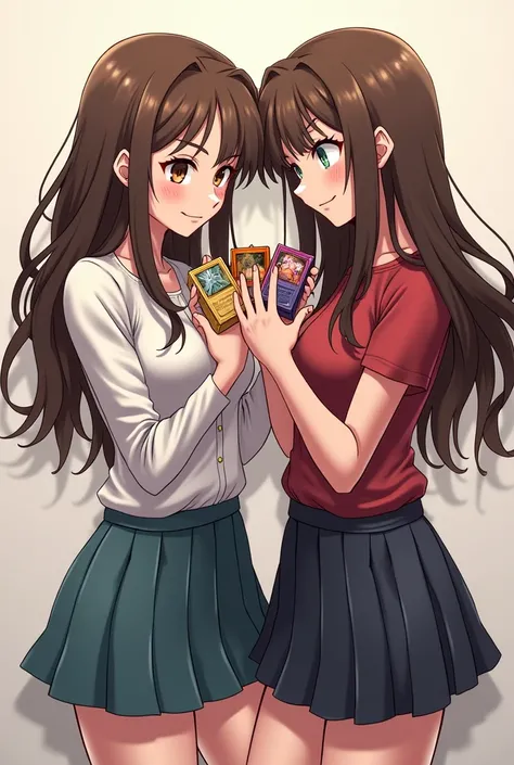 Image style dessin animé de 2 femme  brune dos a dos tenant dans leur mains des booster de carte de jeux tcg