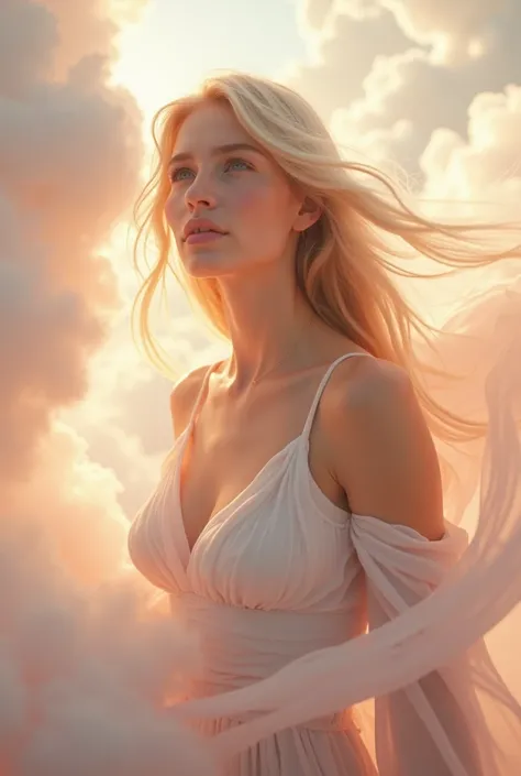 goddess of love woman, in light airy white pink dress, high detail of face, among clouds, professional photo