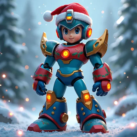 draw Mega Man X with armor with christmas colors and a christmas hat