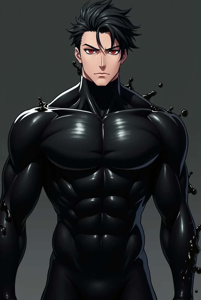 anime character: anime handsome．30 years old,High image quality. Muscular, Handsome man in a tight black latex suit handsome.asia handsome．black hair．red eye．guile hair,A black liquid with a high amount of mucus that clings to the body. ．A black liquid wit...