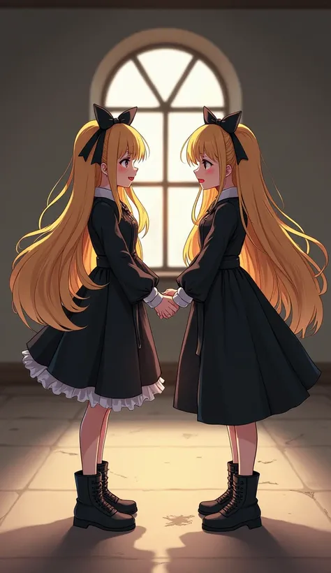  anime-style illustration。 two girls about  with long golden hair 。The clothes are gothic lolita 。 they stand on their knees and hold hands with each other 。The expression is a smile。 they are in an empty room in a deserted building。