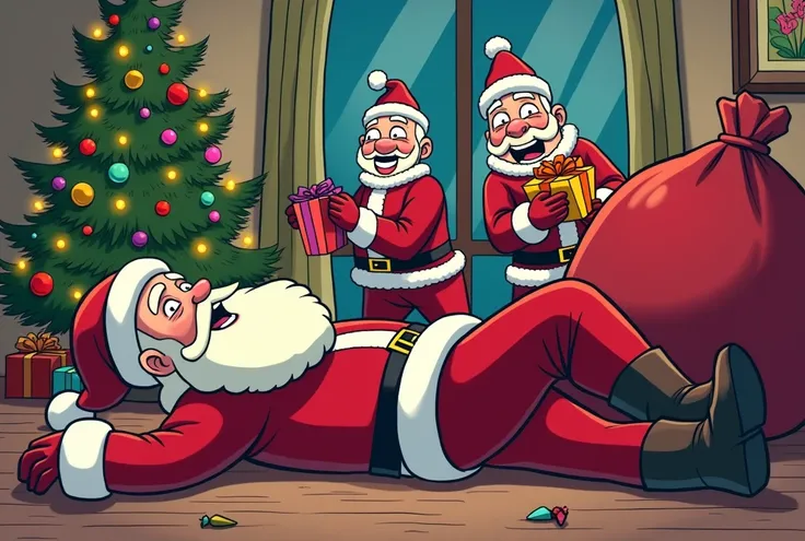 A humorous cartoon scene where Santa Claus is lying unconscious on the floor in a cozy living room after being overwhelmed. His large bag of colorful gifts is open, and two mischievous mans, wearing playful winter outfits, are looting the gifts from the ba...