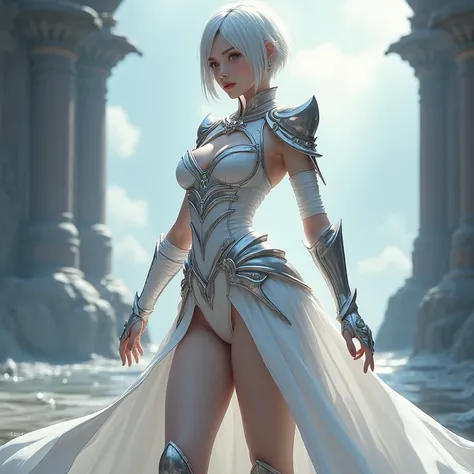 She is really beautiful and gorgeous,she have sexy and hot body, she have milky white skin, light makeup, hips up, white eyes, short hair, bandage on her 2 arms, she have most beautiful Korean face, wearing foot armour, most beautiful long dress, backgroun...