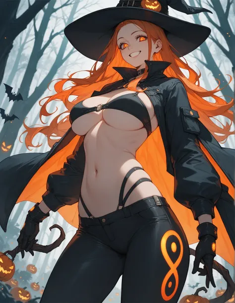 Woman, glowing orange eyes, spiral orange hair, big smile, Avatar, Halloween forest, witch hat, large breasts, skimpy jacket, tight pants