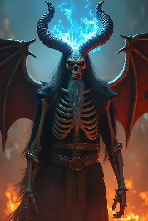 Generate an image of a demonic skeleton with big horns, blue flames come out from the horns, the mouth open with large fangs, with the skeleton accompanied by a very old vampire with red eyes, long hair, pointed ears and a long beard tied with gold rings d...