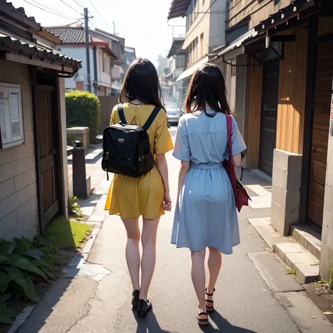 Three Asian girls, age 30, are walking away. View from behind, they are carrying backpacks. Waring casual summer dresses.
