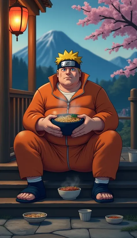 Naruto Uzumaki, noticeably overweight and with a rounded face and body, sits on the wooden steps of the Hokages residence in Konoha. His orange jumpsuit stretches tightly over his large frame, the zipper slightly undone as if to relieve pressure from his e...