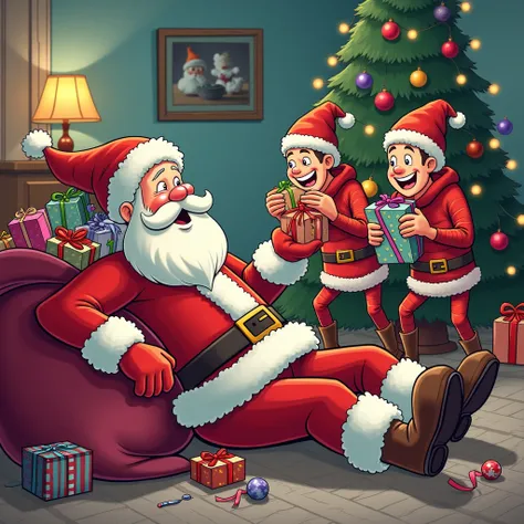 A humorous cartoon scene where Santa Claus is lying unconscious on the floor in a cozy living room after being overwhelmed. His large bag of colorful gifts is open, and two mischievous mans, wearing playful winter outfits, are looting the gifts from the ba...