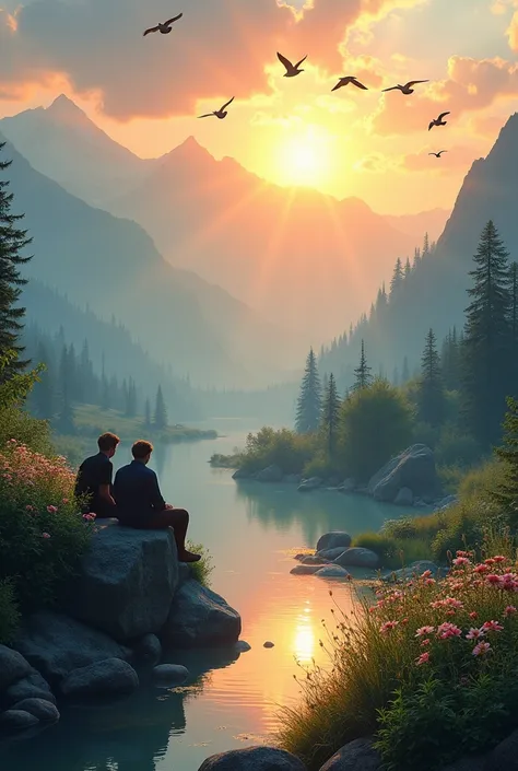 A wonderful early in the morning two brothers going to a wonderful mountain and lightly sun rises in to the sky two brothers sit on mountain in front of one small canal and birds on sky and his brothers hold flowers in village 