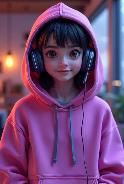 A girl in a pink purple hoody waering a headset 