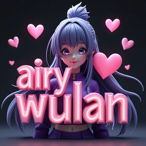 3D Ai text reads  " ❤️ Airy Wulan ❤️" Anime hyunpeach pakai baju ungu, Tema nya hitam putih, rambut panjang diikatSmile, 