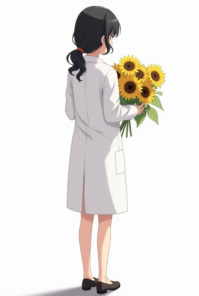 Create an image of a female character with low ponytail, slightly curly black hair, holding a bouquet of sunflowers, wearing a white doctors coat and black shoes, View from behind , White background, low ponytail, characters face not visible, Only black ha...