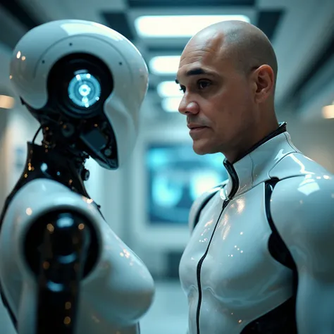 close up cinematic photography of bald man, dark eyes, wearing futuristic white skintight suit, standing in front of female humanoid robot in futuristic laboratory